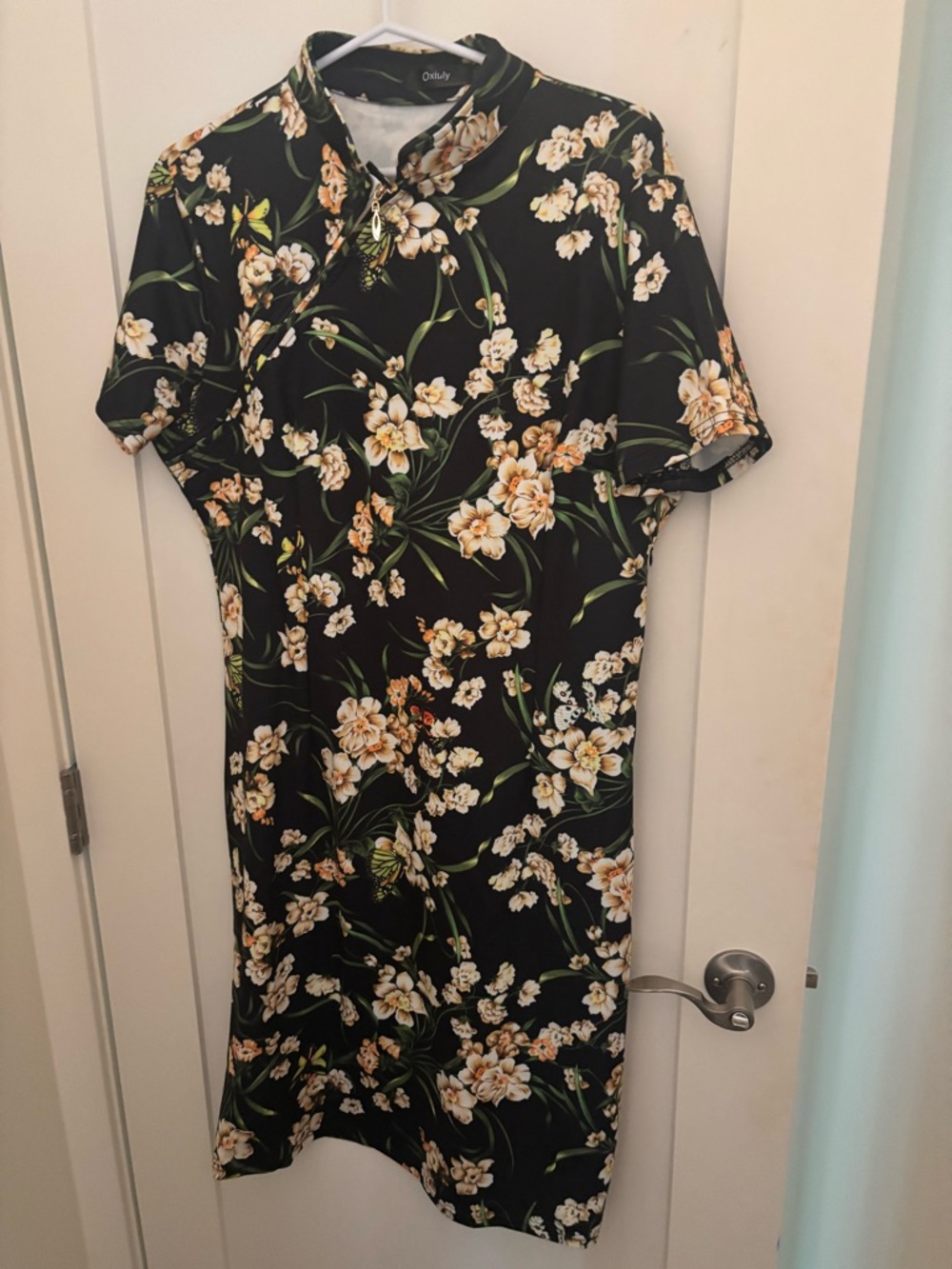 Oxiuly Black Floral Midi Dress with Cream Floral Print Cheongsam